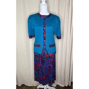1980s Jeffrey & Dara Linda Hutley Rainbow Paisley Modest Secretary Skirt Set M